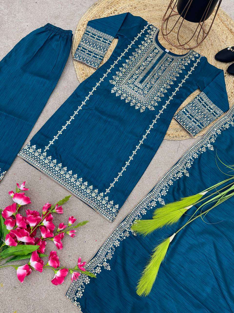 Chinon Silk Kesh123 5151 Suits & Dresses Islamic Clothing  Pakistani Embroidery Party Wear Ladies Silk Suits