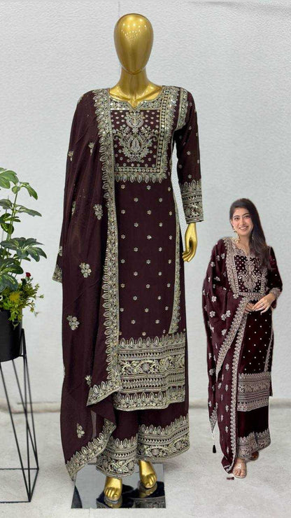 Chinon Silk Kesh123 5156 Suits & Dresses Islamic Clothing  Pakistani Embroidery Ladies Silk Wedding Suits