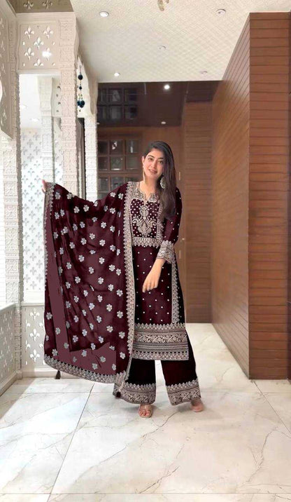 Chinon Silk Kesh123 5156 Suits & Dresses Islamic Clothing  Pakistani Embroidery Ladies Silk Wedding Suits