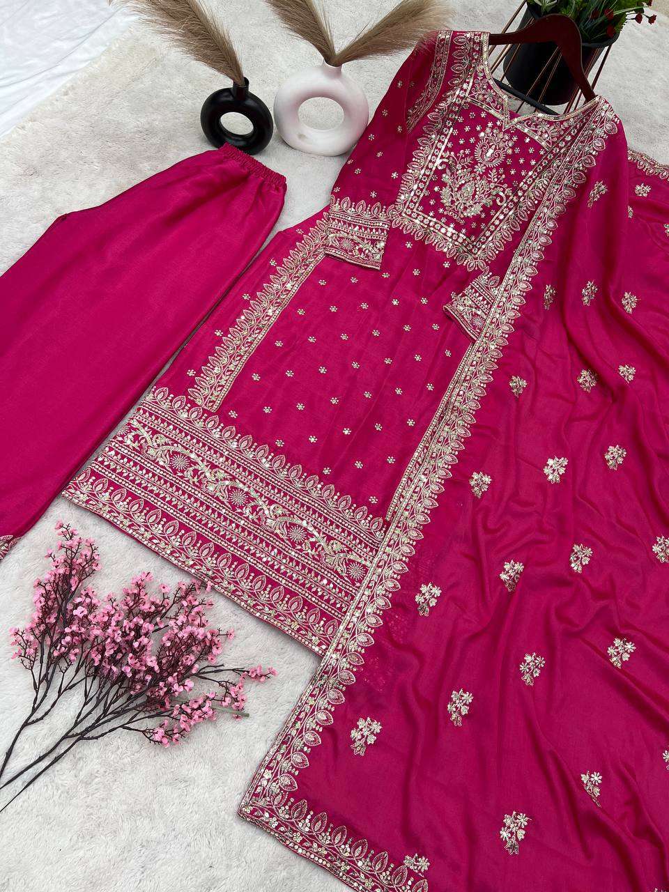 Chinon Silk Kesh123 5156 Suits & Dresses Islamic Clothing  Pakistani Embroidery Ladies Silk Wedding Suits