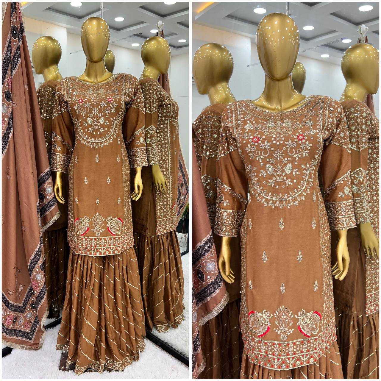 Chinon Silk Kesh123 5189 Suits & Dresses  Sharara Salwar Pakistani Embroidery Ladies Silk Suits