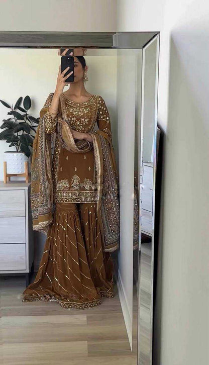 Chinon Silk Kesh123 5189 Suits & Dresses  Sharara Salwar Pakistani Embroidery Ladies Silk Suits