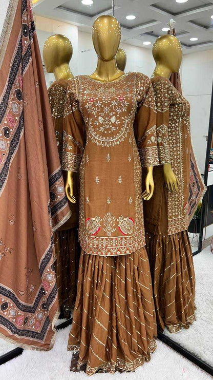 Chinon Silk Kesh123 5189 Suits & Dresses  Sharara Salwar Pakistani Embroidery Ladies Silk Suits