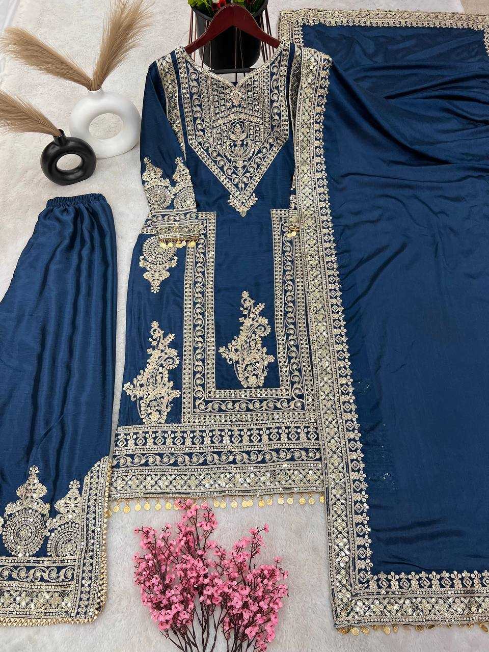 Chinon Silk Kesh124 805 Suits & Dresses Islamic Clothing  Embroidered Pakistani Palazzo Ladies Silk Suits