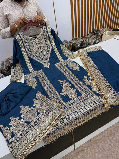 Chinon Silk Kesh124 805 Suits & Dresses Islamic Clothing  Embroidered Pakistani Palazzo Ladies Silk Suits