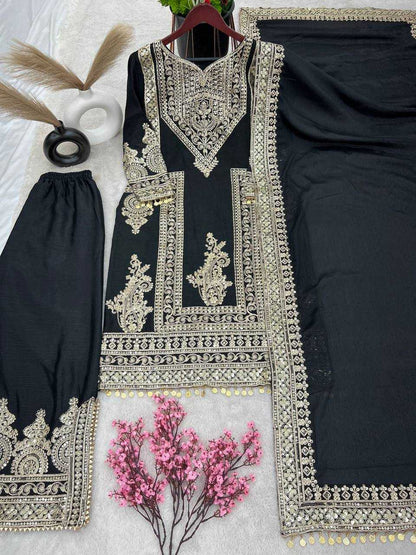 Chinon Silk Kesh124 805 Suits & Dresses Islamic Clothing  Embroidered Pakistani Palazzo Ladies Silk Suits