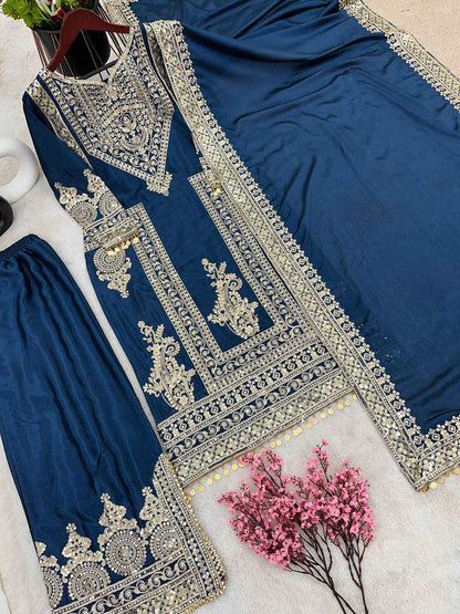 Chinon Silk Kesh124 805 Suits & Dresses Islamic Clothing  Embroidered Pakistani Palazzo Ladies Silk Suits