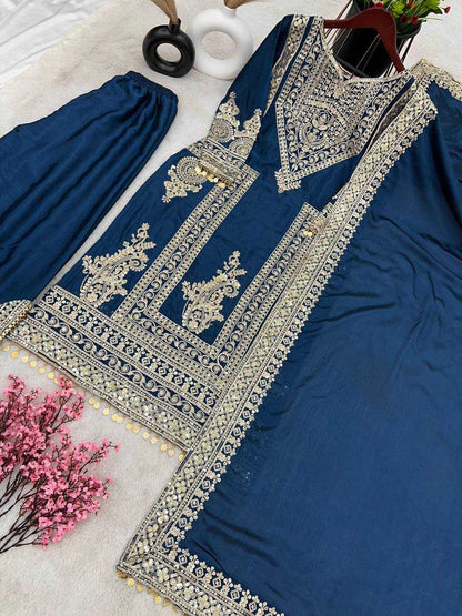 Chinon Silk Kesh124 805 Suits & Dresses Islamic Clothing  Embroidered Pakistani Palazzo Ladies Silk Suits