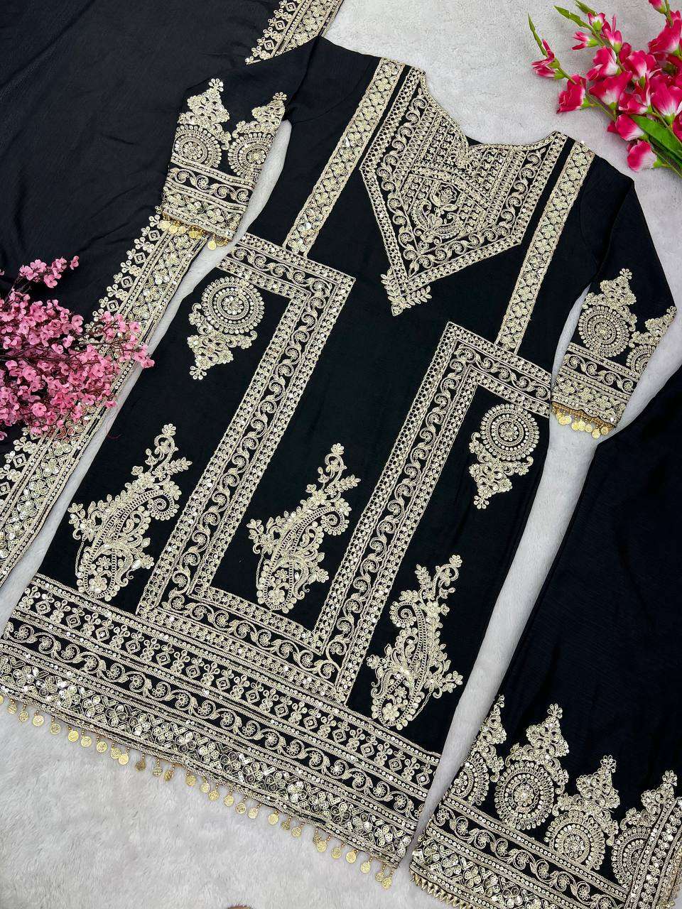 Chinon Silk Kesh124 805 Suits & Dresses Islamic Clothing  Embroidered Pakistani Palazzo Ladies Silk Suits