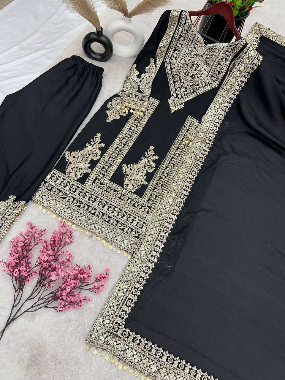 Chinon Silk Kesh124 805 Suits & Dresses Islamic Clothing  Embroidered Pakistani Palazzo Ladies Silk Suits