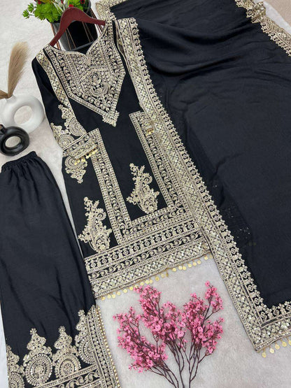 Chinon Silk Kesh124 805 Suits & Dresses Islamic Clothing  Embroidered Pakistani Palazzo Ladies Silk Suits