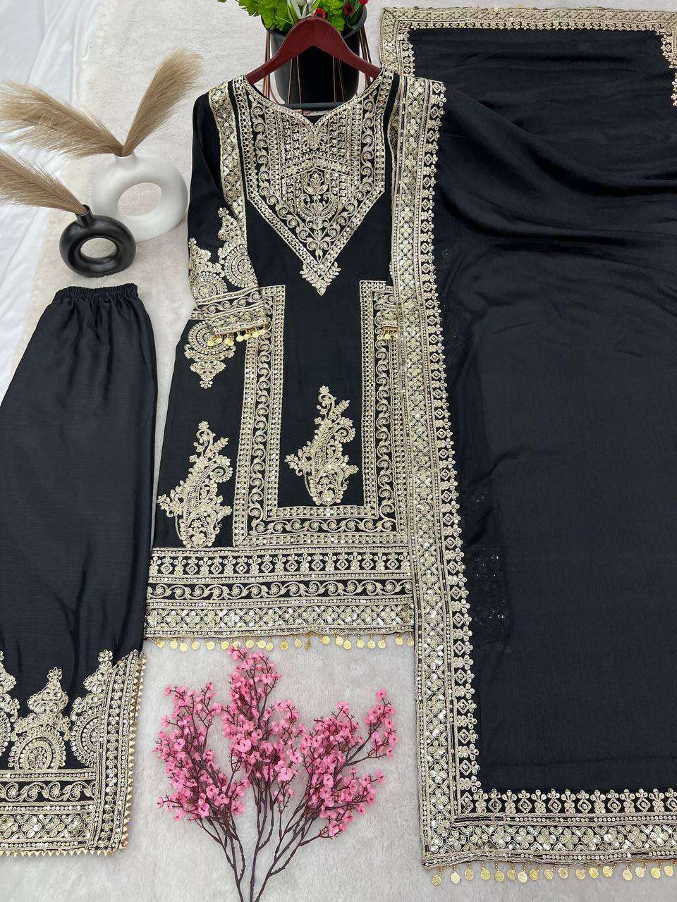 Chinon Silk Kesh124 805 Suits & Dresses Islamic Clothing  Embroidered Pakistani Palazzo Ladies Silk Suits