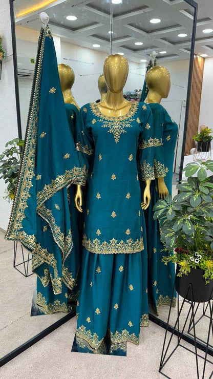 Chinon Silk Kesh124 809 Suits & Dresses  Ladies Pakistani Embroidery Palazzo Ladies Silk Suits