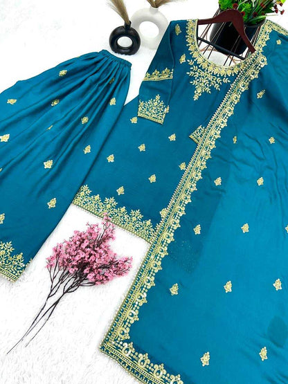 Chinon Silk Kesh124 809 Suits & Dresses  Ladies Pakistani Embroidery Palazzo Ladies Silk Suits