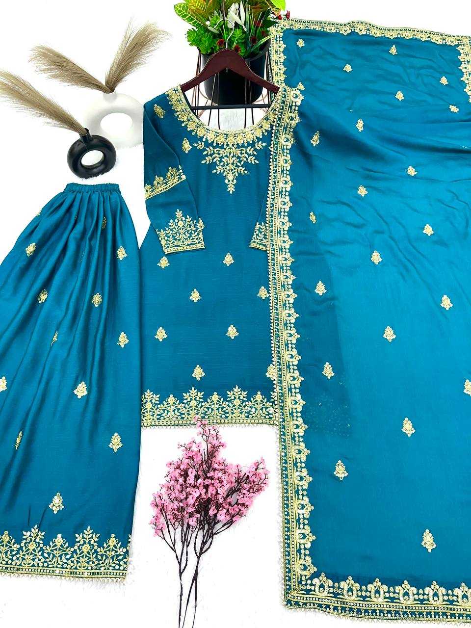 Chinon Silk Kesh124 809 Suits & Dresses  Ladies Pakistani Embroidery Palazzo Ladies Silk Suits