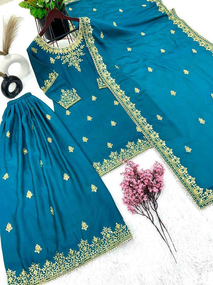 Chinon Silk Kesh124 809 Suits & Dresses  Ladies Pakistani Embroidery Palazzo Ladies Silk Suits