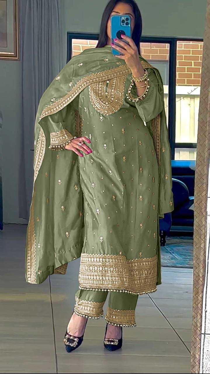 Chinon Silk Kesh124 814 Suits & Dresses  Ladies Embroidery Palazzo Ladies Silk Suits