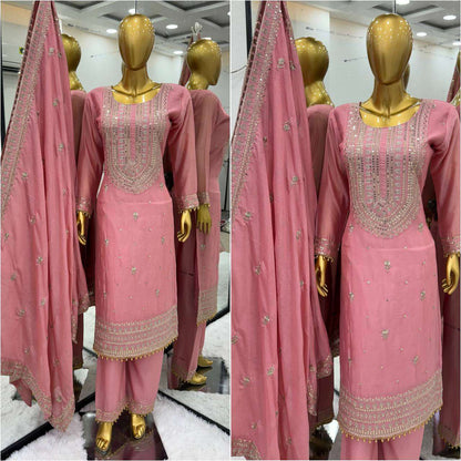 Chinon Silk Kesh124 814 Suits & Dresses  Ladies Embroidery Palazzo Ladies Silk Suits