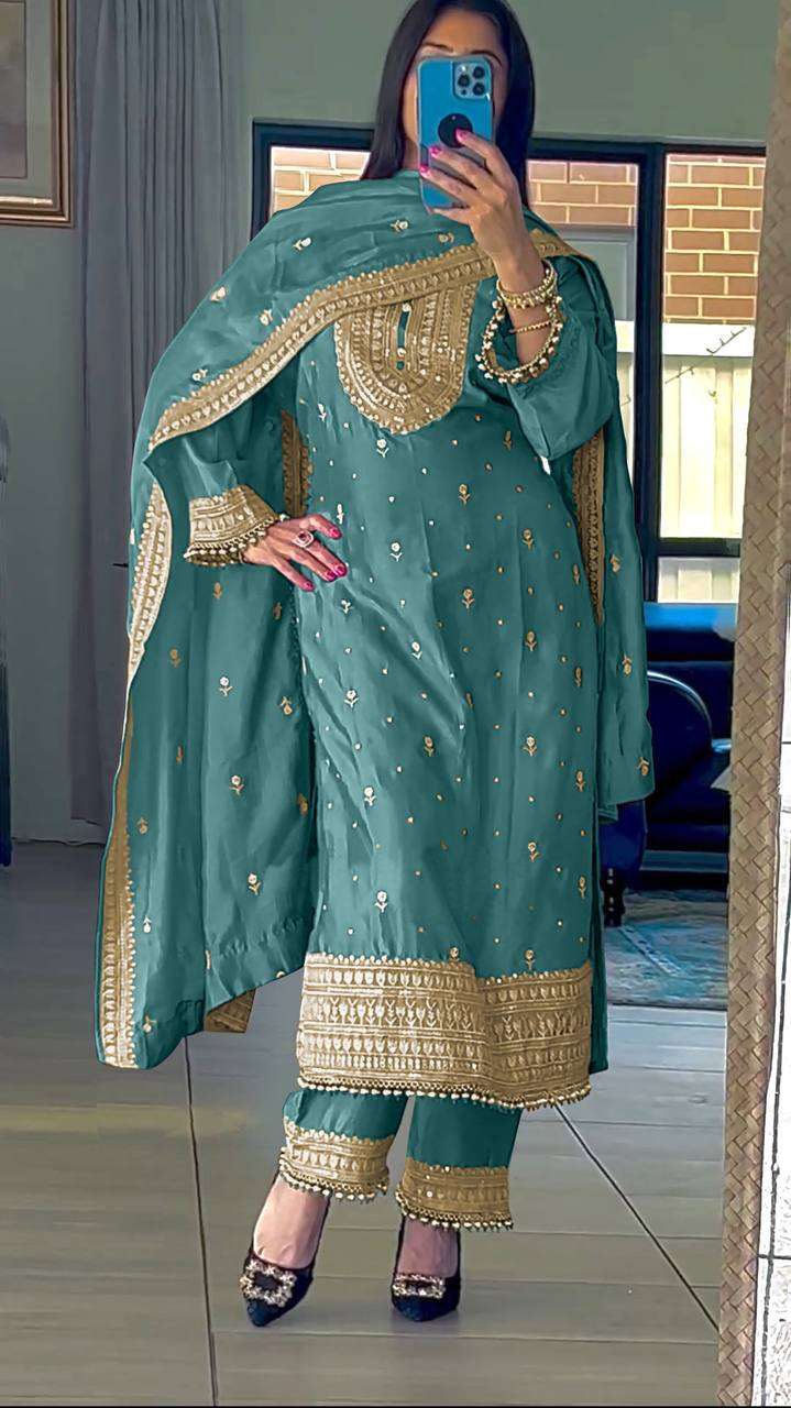 Chinon Silk Kesh124 814 Suits & Dresses  Ladies Embroidery Palazzo Ladies Silk Suits