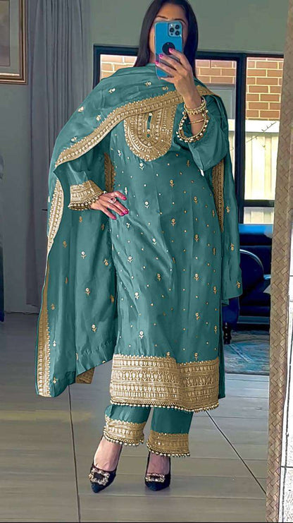 Chinon Silk Kesh124 814 Suits & Dresses  Ladies Embroidery Palazzo Ladies Silk Suits