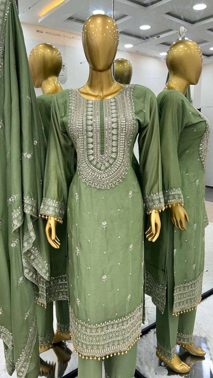 Chinon Silk Kesh124 814 Suits & Dresses  Ladies Embroidery Palazzo Ladies Silk Suits