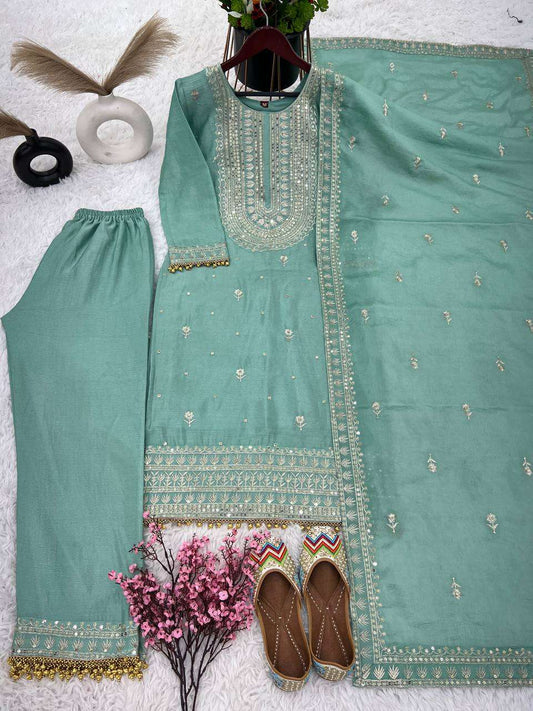 Chinon Silk Kesh124 814 Suits & Dresses  Ladies Embroidery Palazzo Ladies Silk Suits