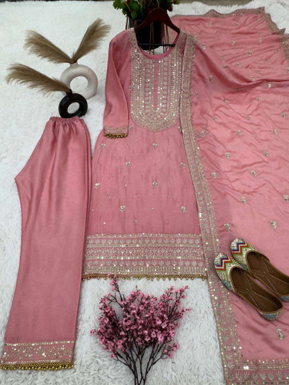 Chinon Silk Kesh124 814 Suits & Dresses  Ladies Embroidery Palazzo Ladies Silk Suits