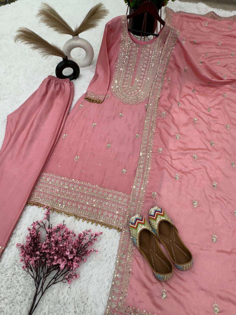 Chinon Silk Kesh124 814 Suits & Dresses  Ladies Embroidery Palazzo Ladies Silk Suits