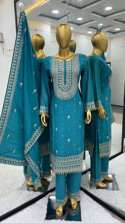 Chinon Silk Kesh124 814 Suits & Dresses  Ladies Embroidery Palazzo Ladies Silk Suits