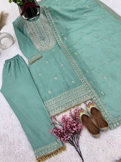 Chinon Silk Kesh124 814 Suits & Dresses  Ladies Embroidery Palazzo Ladies Silk Suits