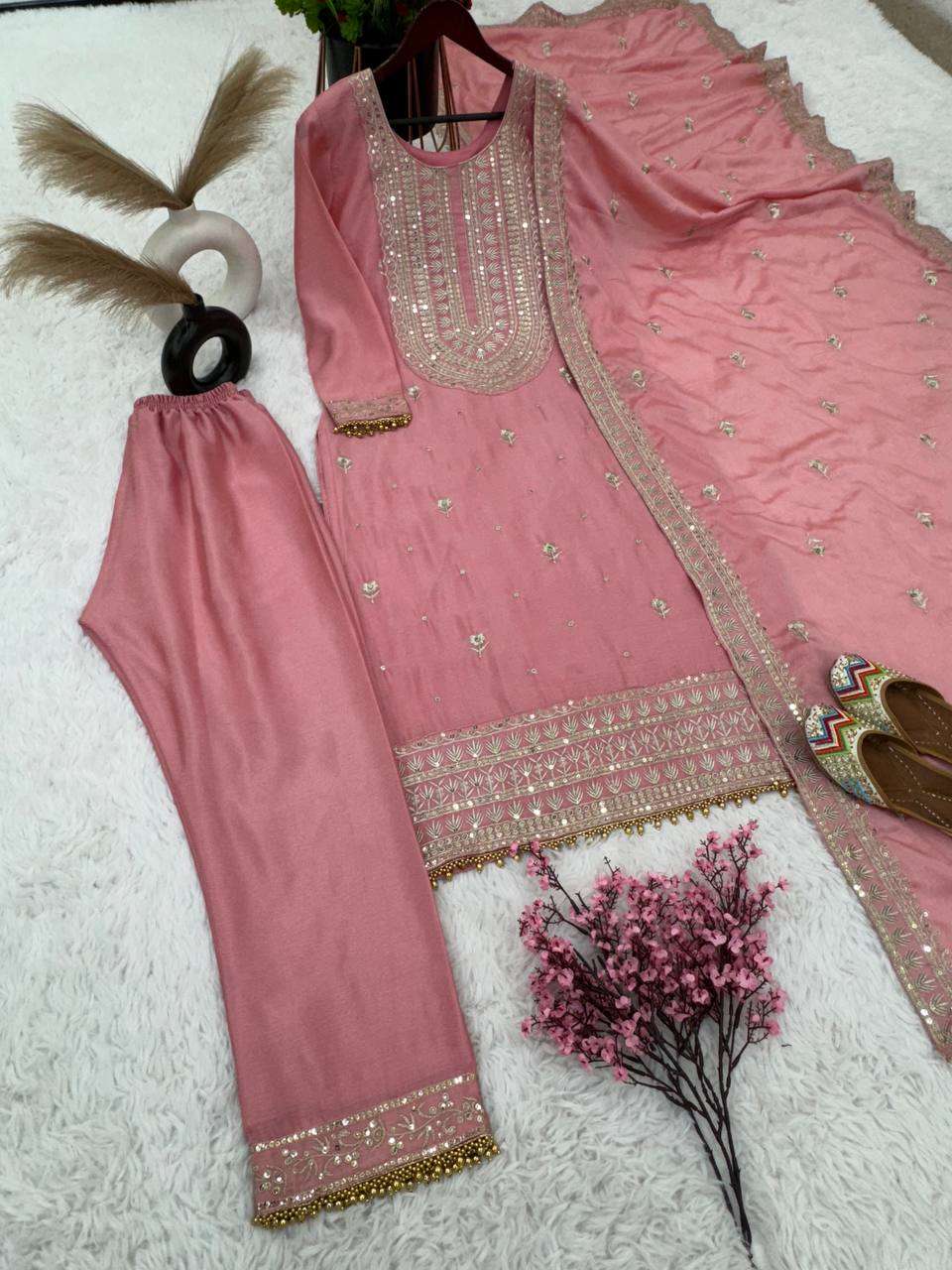 Chinon Silk Kesh124 814 Suits & Dresses  Ladies Embroidery Palazzo Ladies Silk Suits