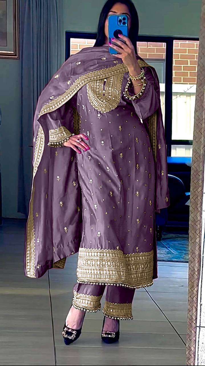 Chinon Silk Kesh124 814 Suits & Dresses  Ladies Embroidery Palazzo Ladies Silk Suits