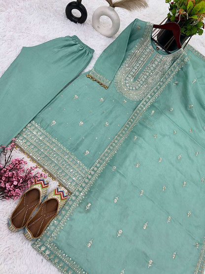 Chinon Silk Kesh124 814 Suits & Dresses  Ladies Embroidery Palazzo Ladies Silk Suits