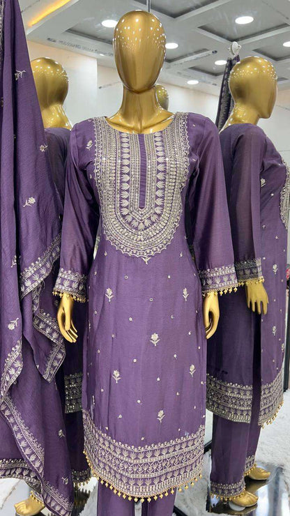 Chinon Silk Kesh124 814 Suits & Dresses  Ladies Embroidery Palazzo Ladies Silk Suits