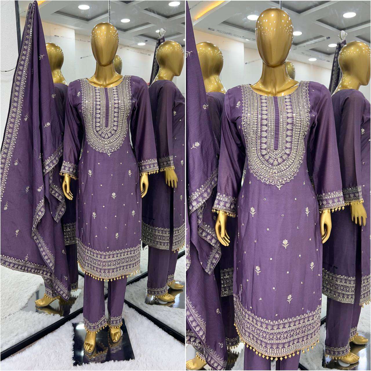 Chinon Silk Kesh124 814 Suits & Dresses  Ladies Embroidery Palazzo Ladies Silk Suits