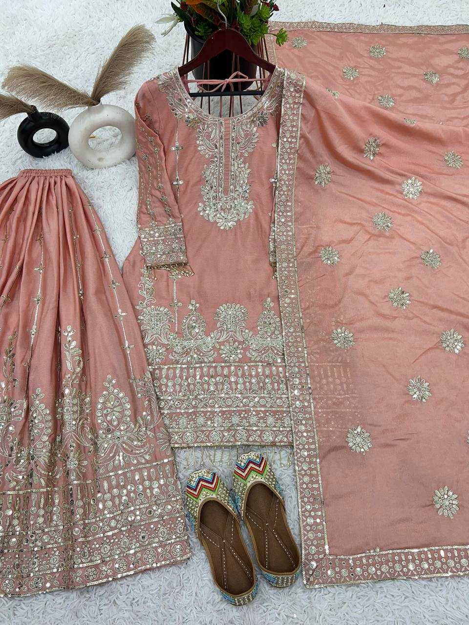 Chinon Silk Kesh124 825 Suits & Dresses  Sharara Salwar Embroidered Ladies Silk Wedding Suits