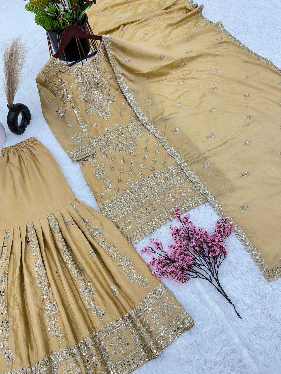 Chinon Silk Kesh125 3066 Suits & Dresses Islamic Clothing  Pakistani Embroidery Palazzo Ladies Silk Suits