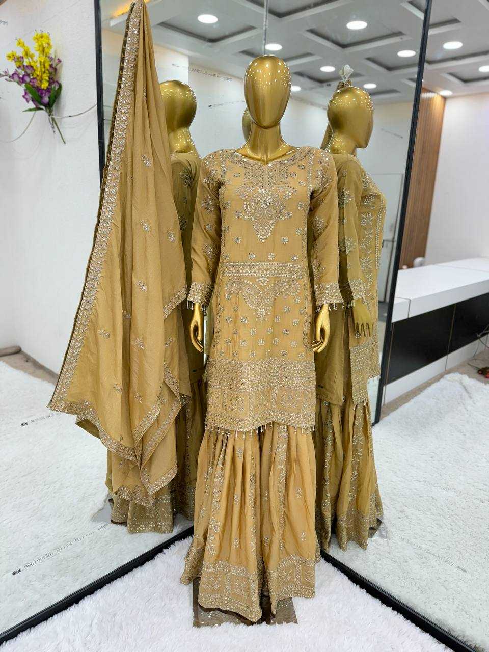 Chinon Silk Kesh125 3066 Suits & Dresses Islamic Clothing  Pakistani Embroidery Palazzo Ladies Silk Suits