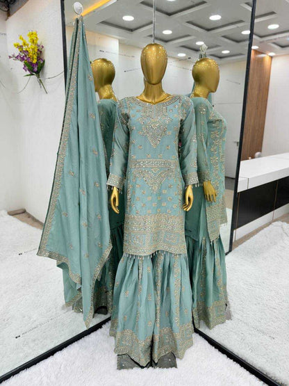 Chinon Silk Kesh125 3066 Suits & Dresses Islamic Clothing  Pakistani Embroidery Palazzo Ladies Silk Suits