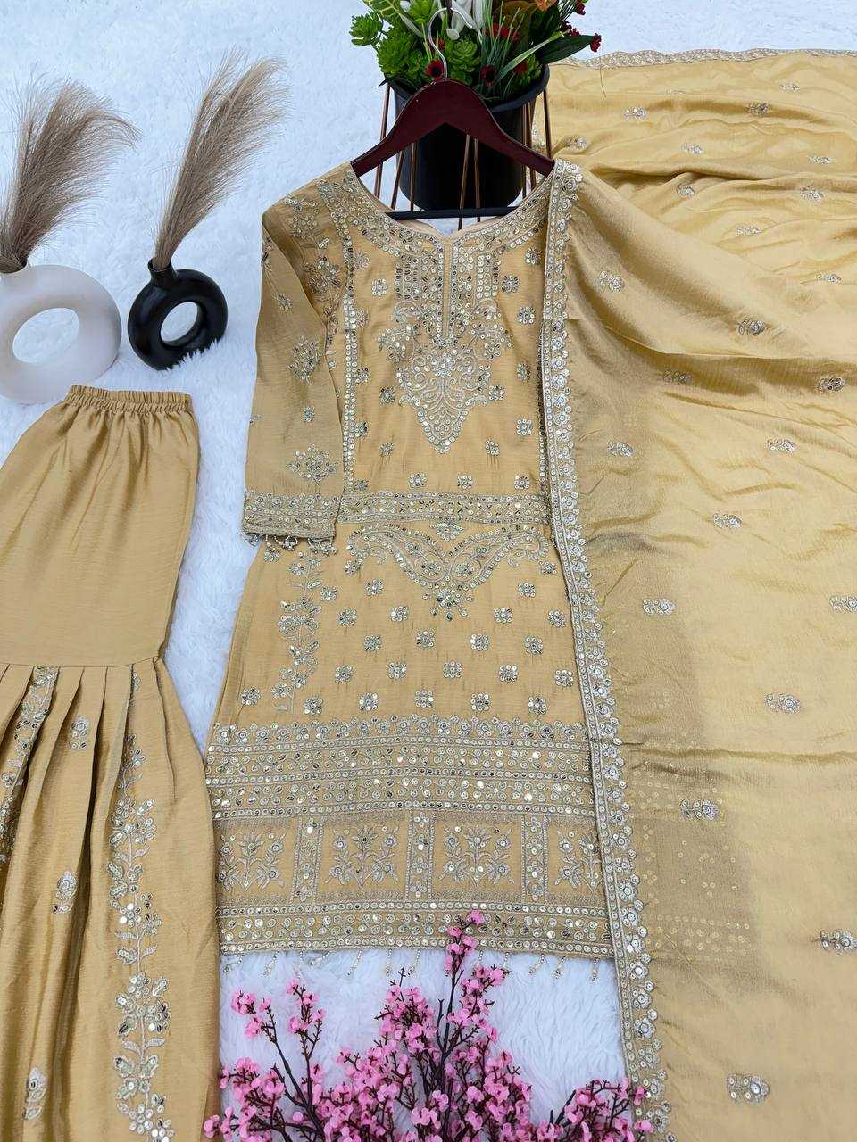 Chinon Silk Kesh125 3066 Suits & Dresses Islamic Clothing  Pakistani Embroidery Palazzo Ladies Silk Suits