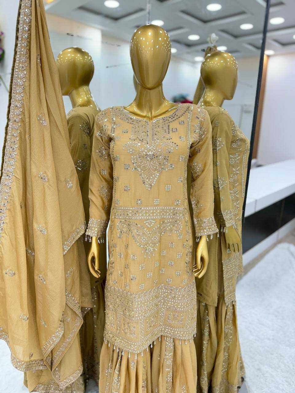 Chinon Silk Kesh125 3066 Suits & Dresses Islamic Clothing  Pakistani Embroidery Palazzo Ladies Silk Suits