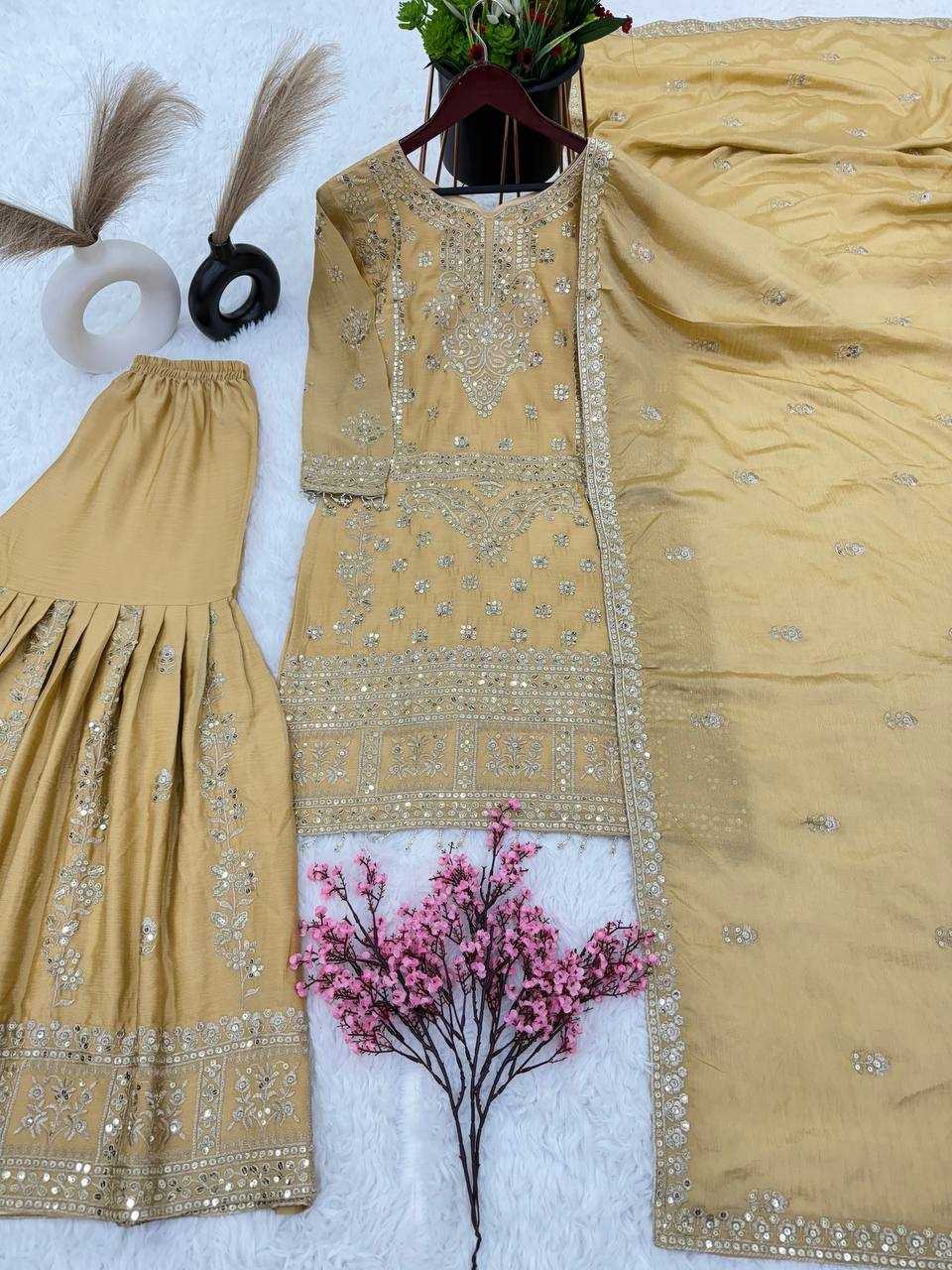 Chinon Silk Kesh125 3066 Suits & Dresses Islamic Clothing  Pakistani Embroidery Palazzo Ladies Silk Suits