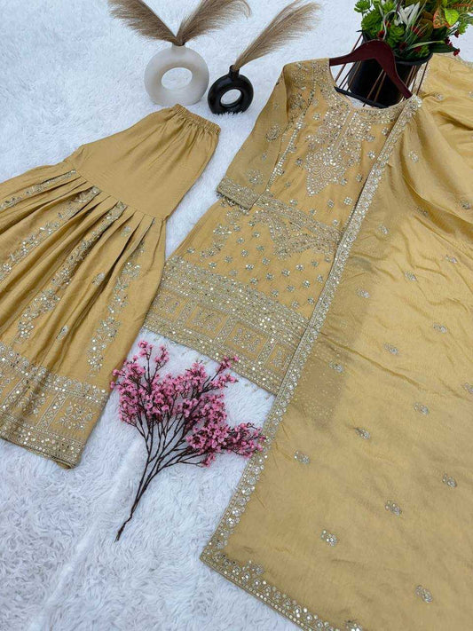 Chinon Silk Kesh125 3066 Suits & Dresses Islamic Clothing  Pakistani Embroidery Palazzo Ladies Silk Suits