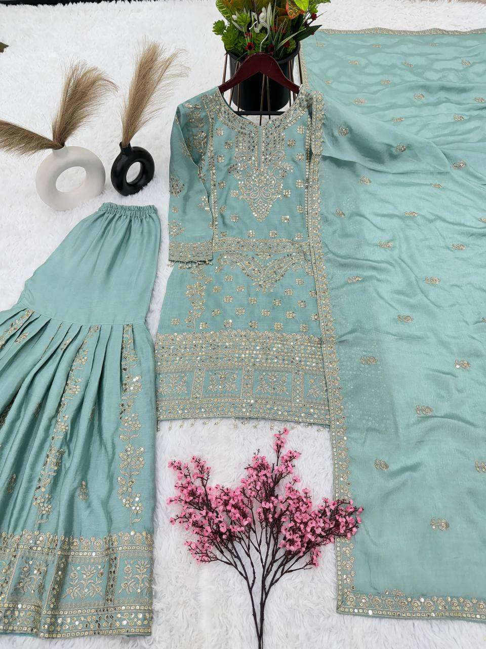 Chinon Silk Kesh125 3066 Suits & Dresses Islamic Clothing  Pakistani Embroidery Palazzo Ladies Silk Suits