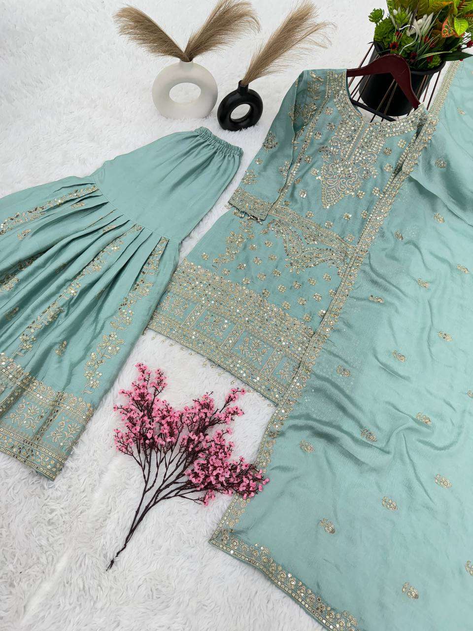 Chinon Silk Kesh125 3066 Suits & Dresses Islamic Clothing  Pakistani Embroidery Palazzo Ladies Silk Suits