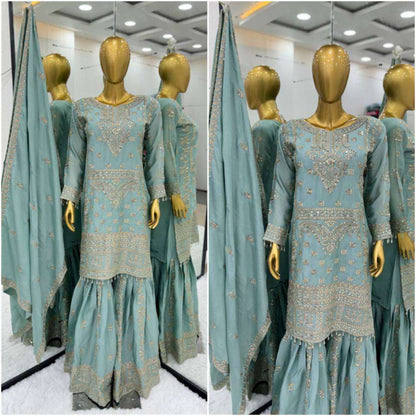 Chinon Silk Kesh125 3066 Suits & Dresses Islamic Clothing  Pakistani Embroidery Palazzo Ladies Silk Suits