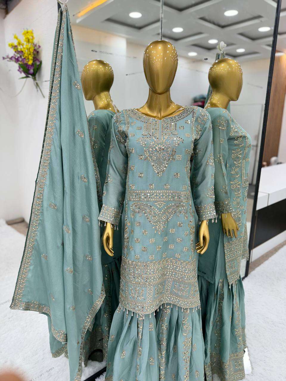 Chinon Silk Kesh125 3066 Suits & Dresses Islamic Clothing  Pakistani Embroidery Palazzo Ladies Silk Suits