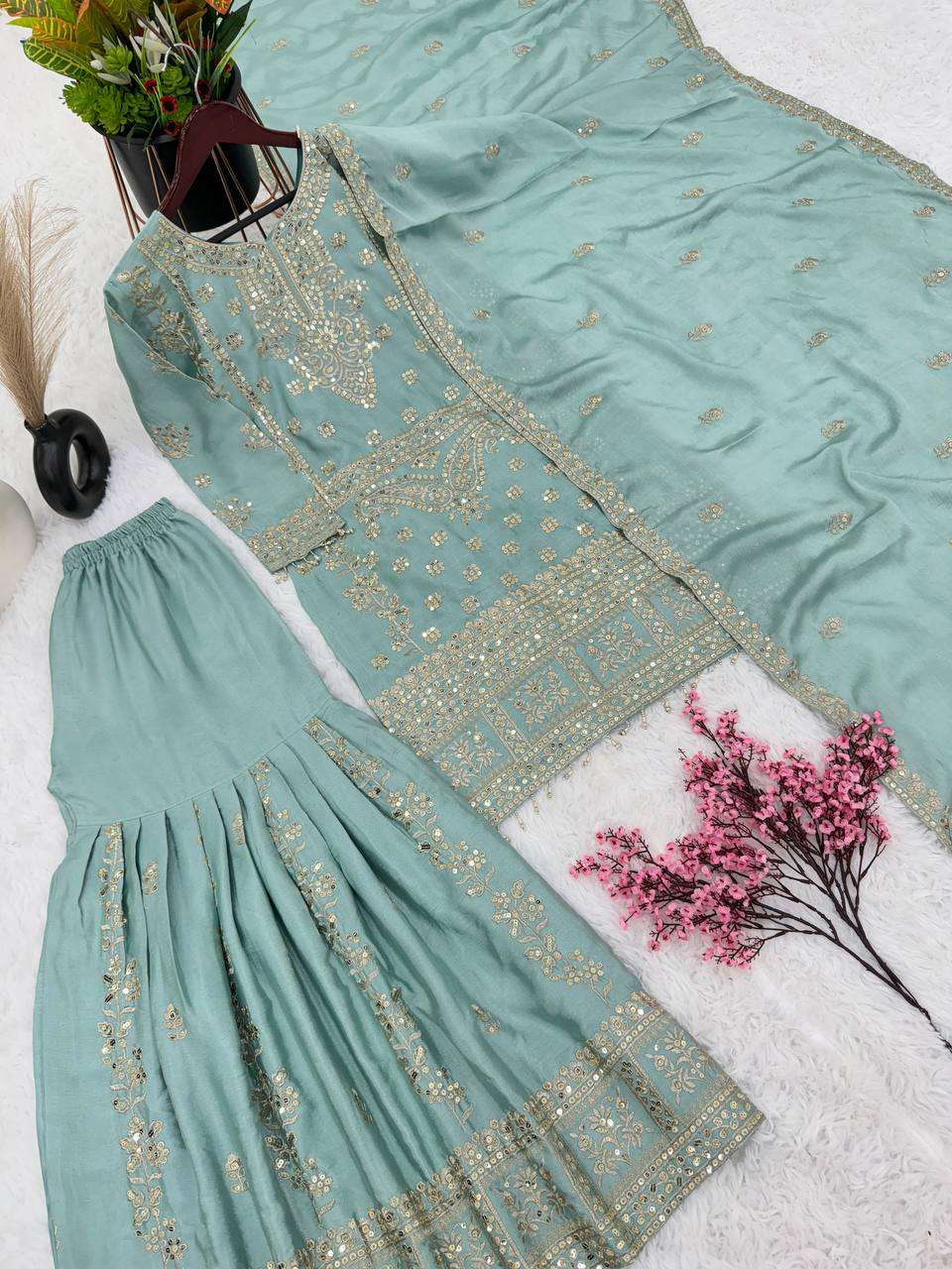 Chinon Silk Kesh125 3066 Suits & Dresses Islamic Clothing  Pakistani Embroidery Palazzo Ladies Silk Suits