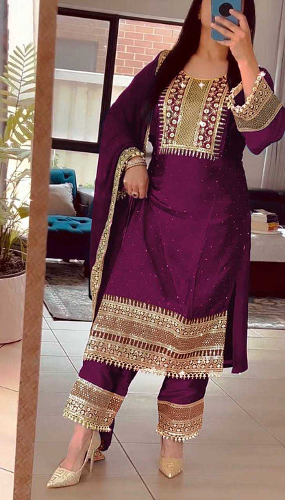 Chinon Silk Kesh128 371 Suits & Dresses  Ladies  Embroidery Ladies Silk Zari Work Suits