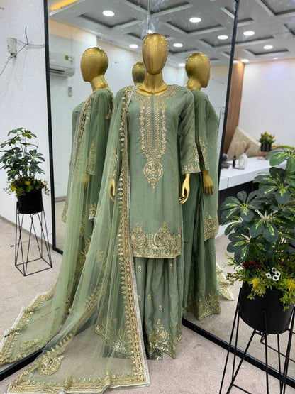 Chinon Silk Kesh128 375 Suits & Dresses  Ladies Embroidery Palazzo Ladies Silk Suits